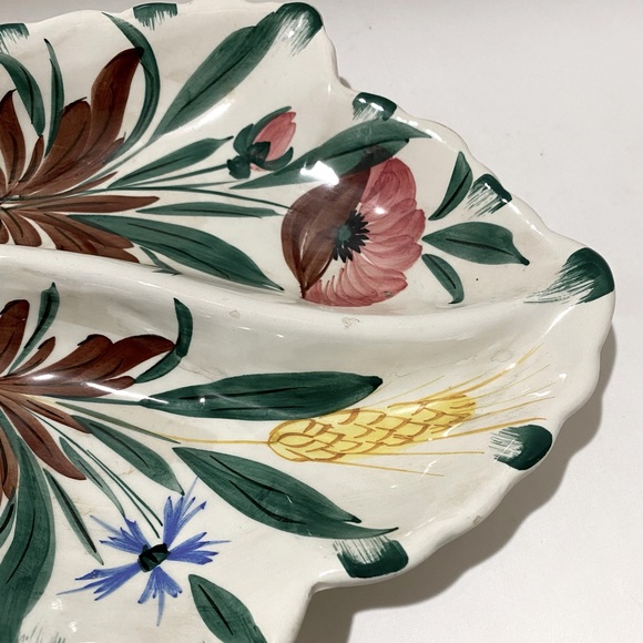 Vintage Mid-20th Century Italian Leaf Shape Pottery Divided Dish Floral Signed - Picture 4 of 5